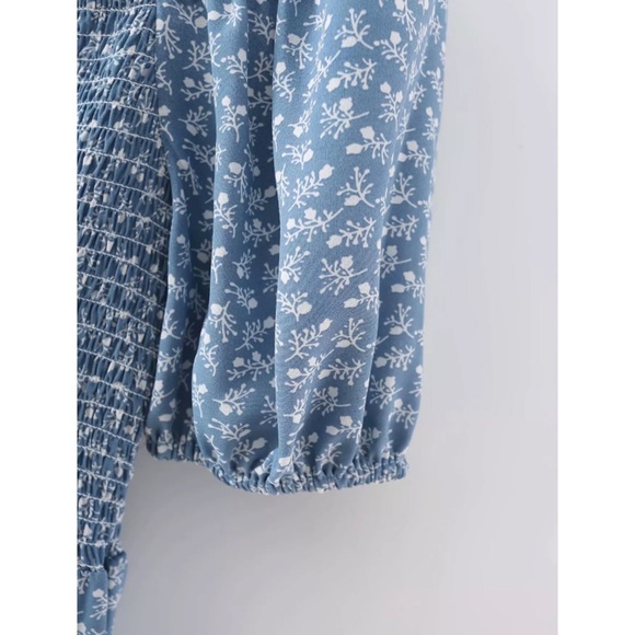 CLEARANCE Light Blue Floral Smocked Square Neck Mini Dress - Picture 6 of 10